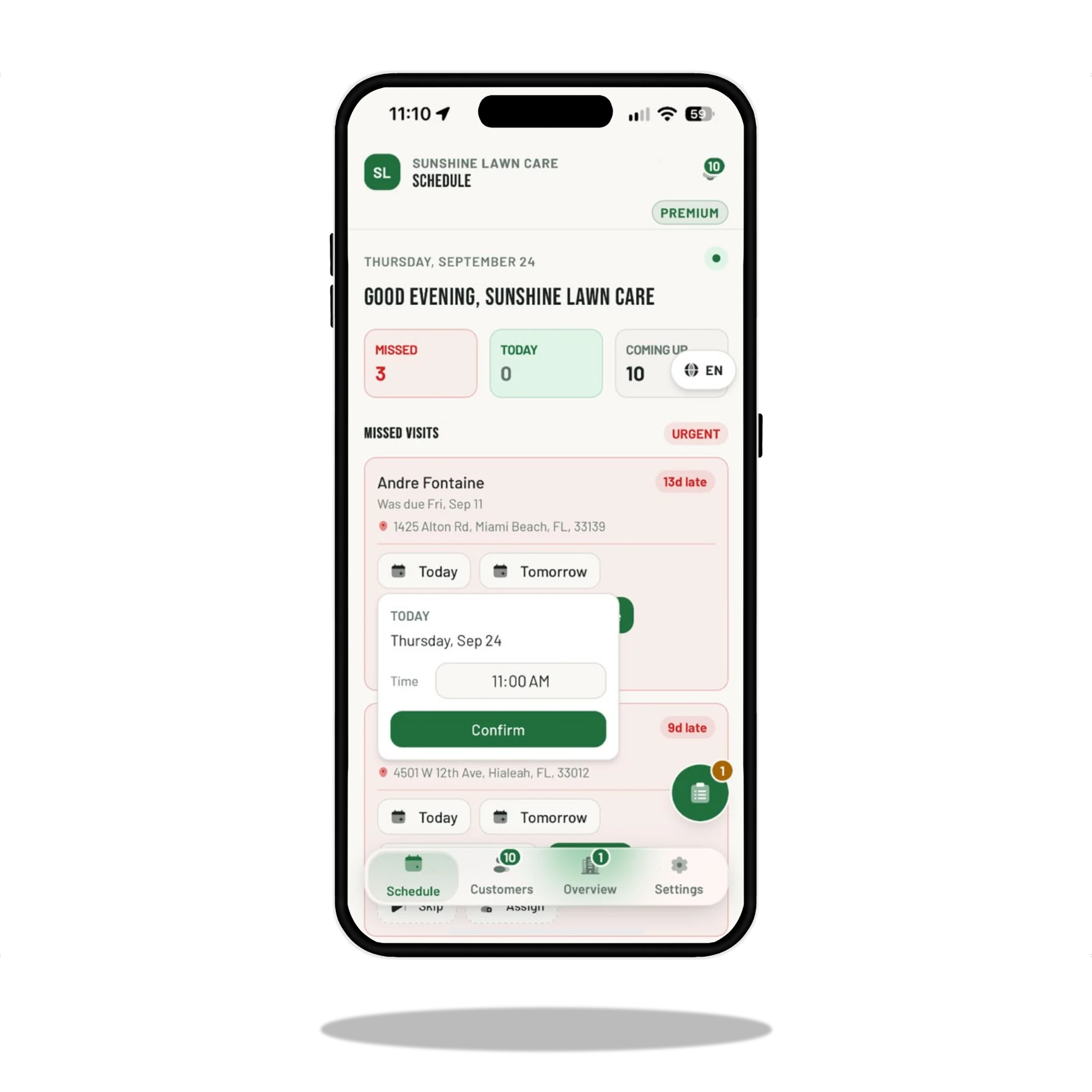 MOW Money missed visit screen with a reschedule date and time dialog