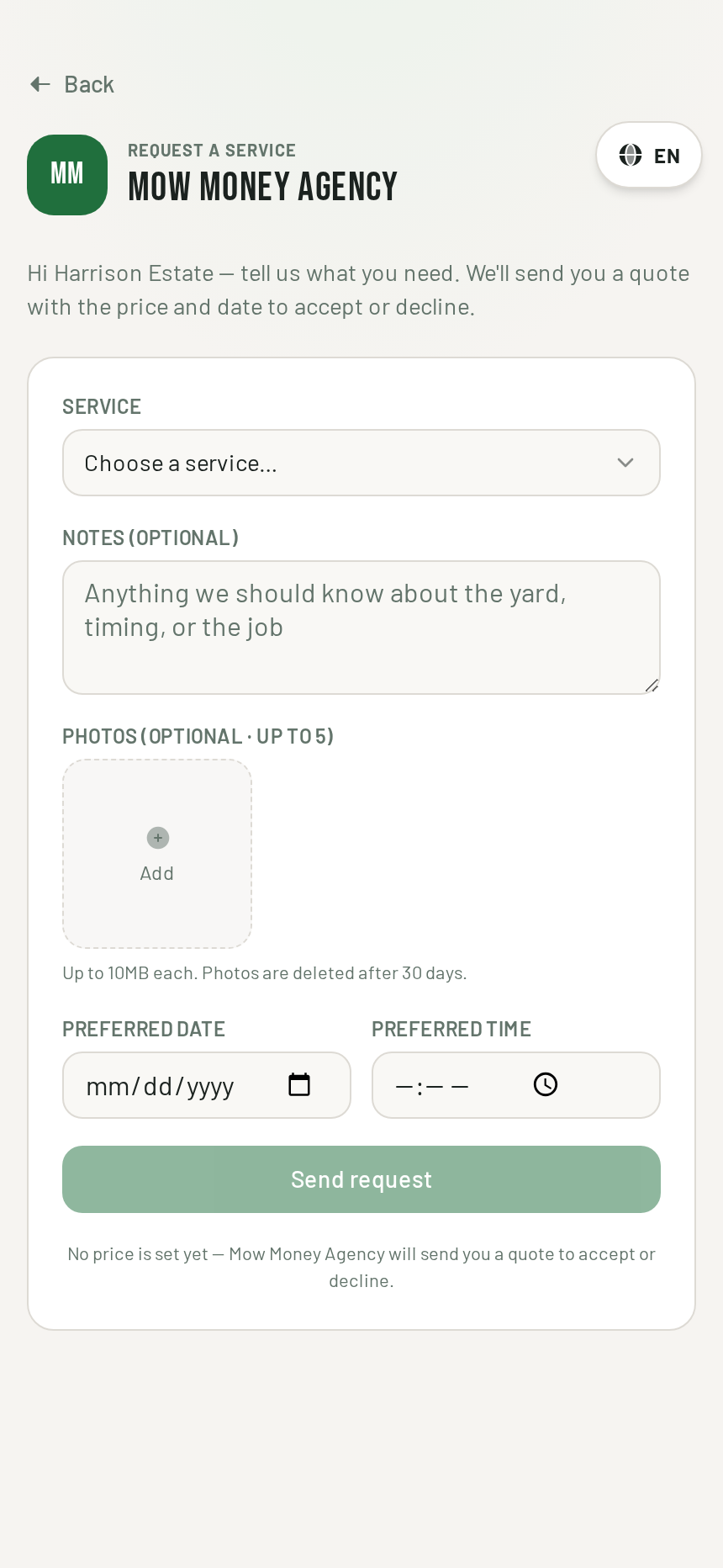Customer requesting an extra service with notes, photos and a preferred date