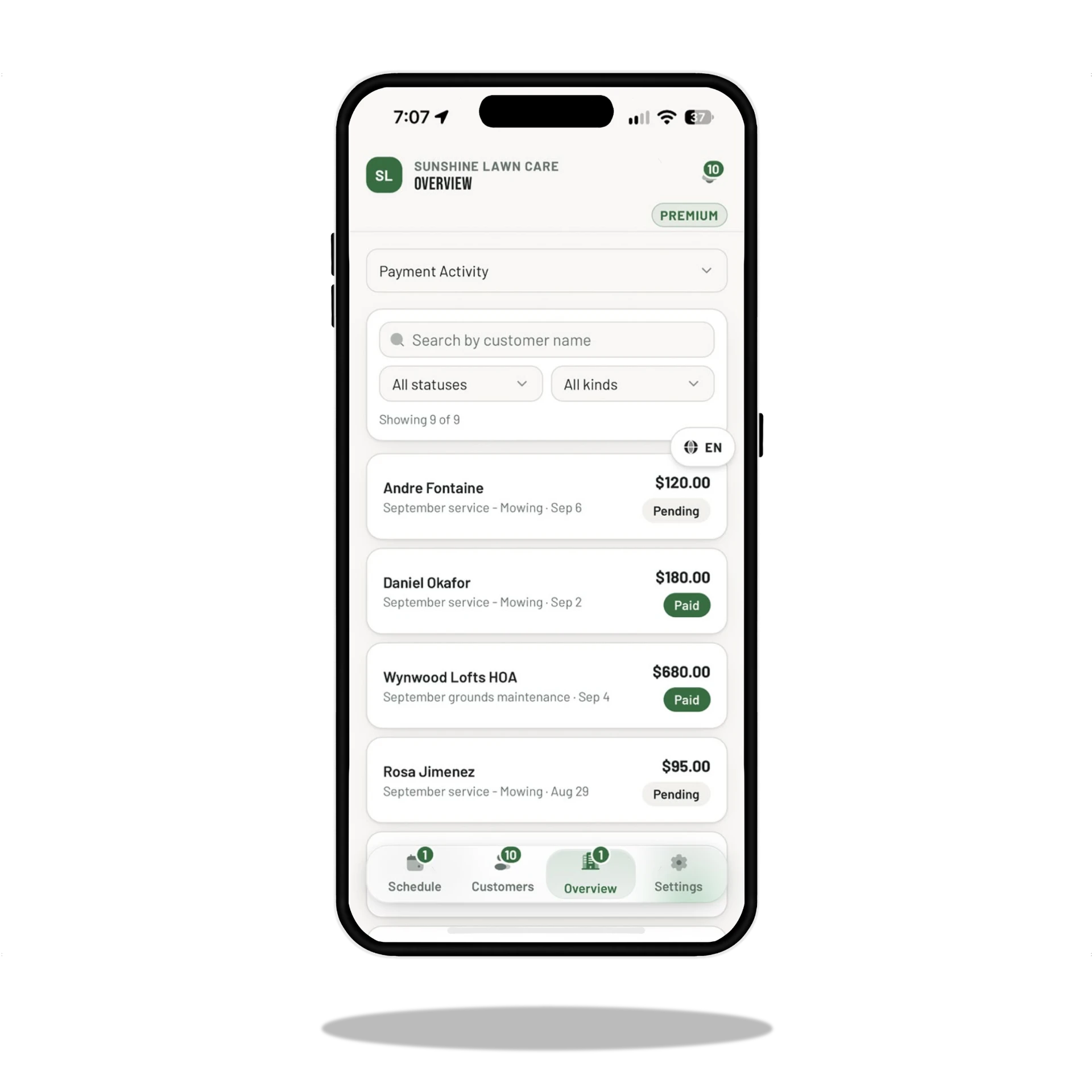 MOW Money payment activity showing paid and pending customer payments