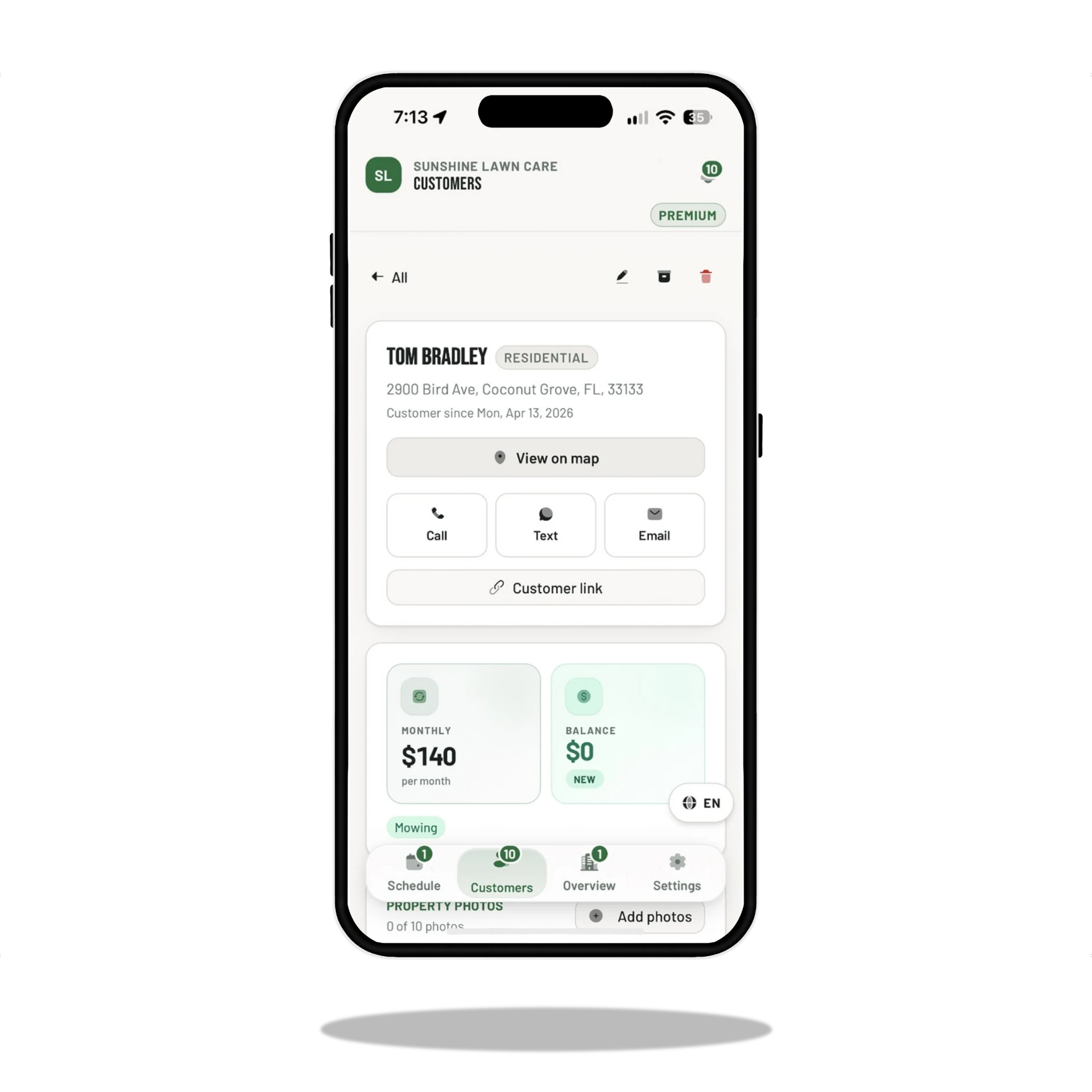 MOW Money customer detail with contact actions, monthly rate, and balance