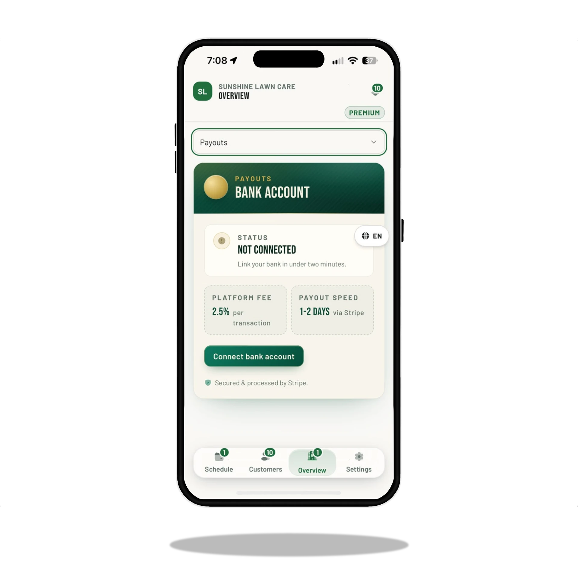 MOW Money Stripe payout setup with bank account connection and payout speed