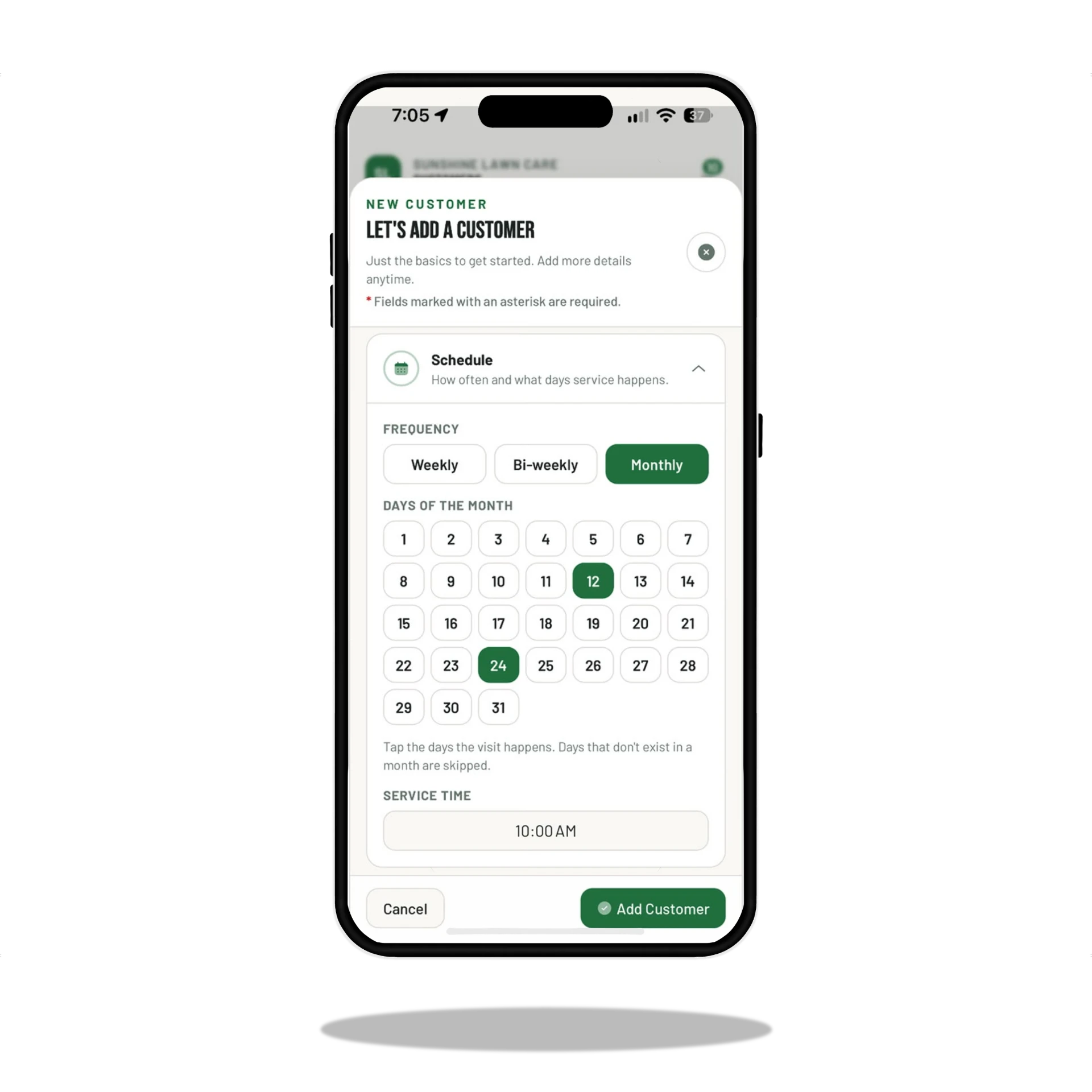 MOW Money new customer form with monthly recurring schedule options