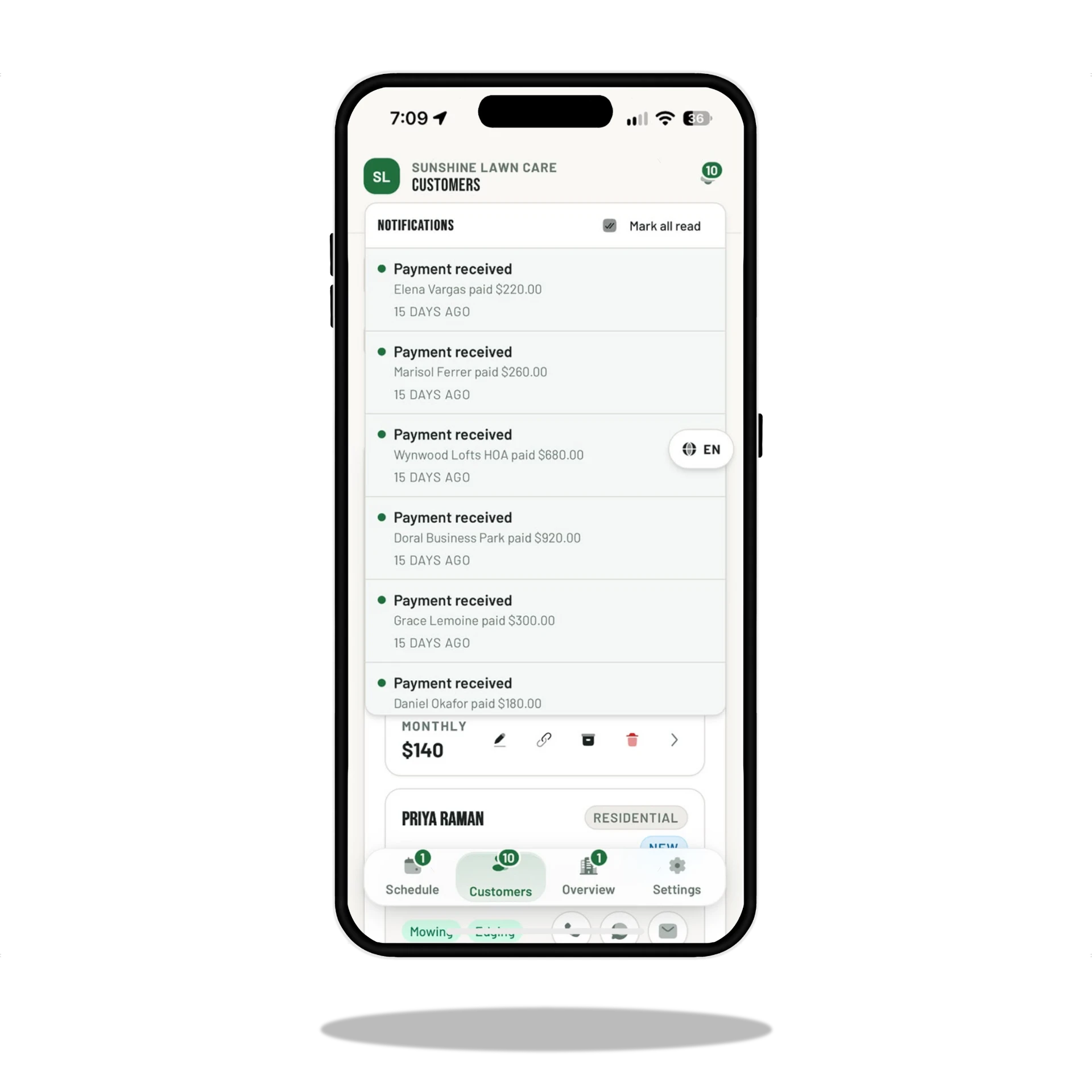 MOW Money notifications showing recently received customer payments