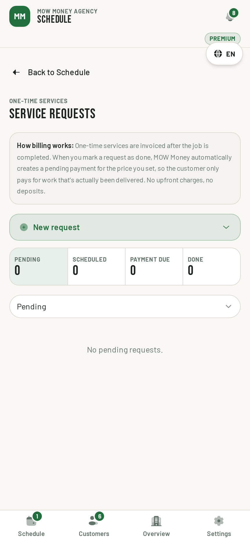 MOW Money service requests explaining that one-time services are invoiced after completion