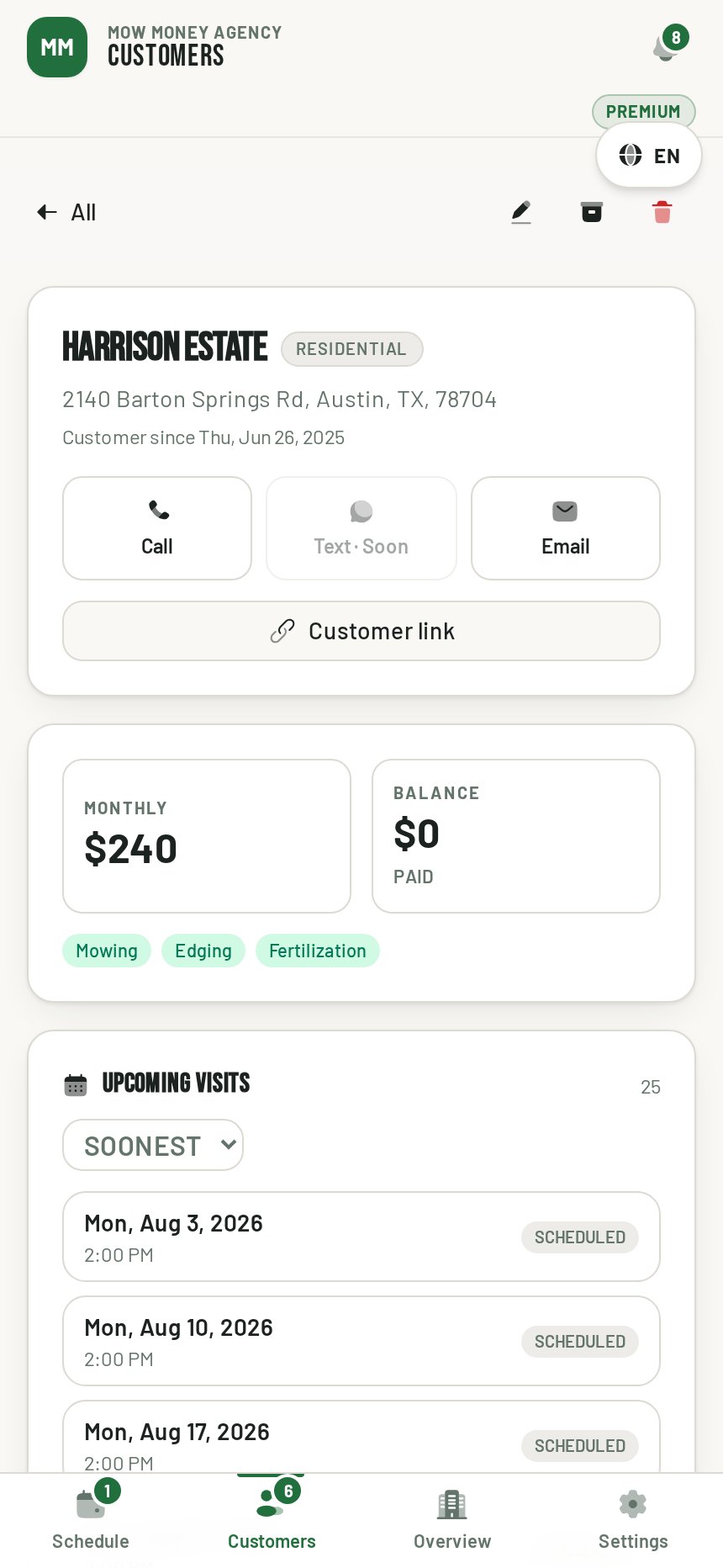 MOW Money customer detail with call and email actions and upcoming visits