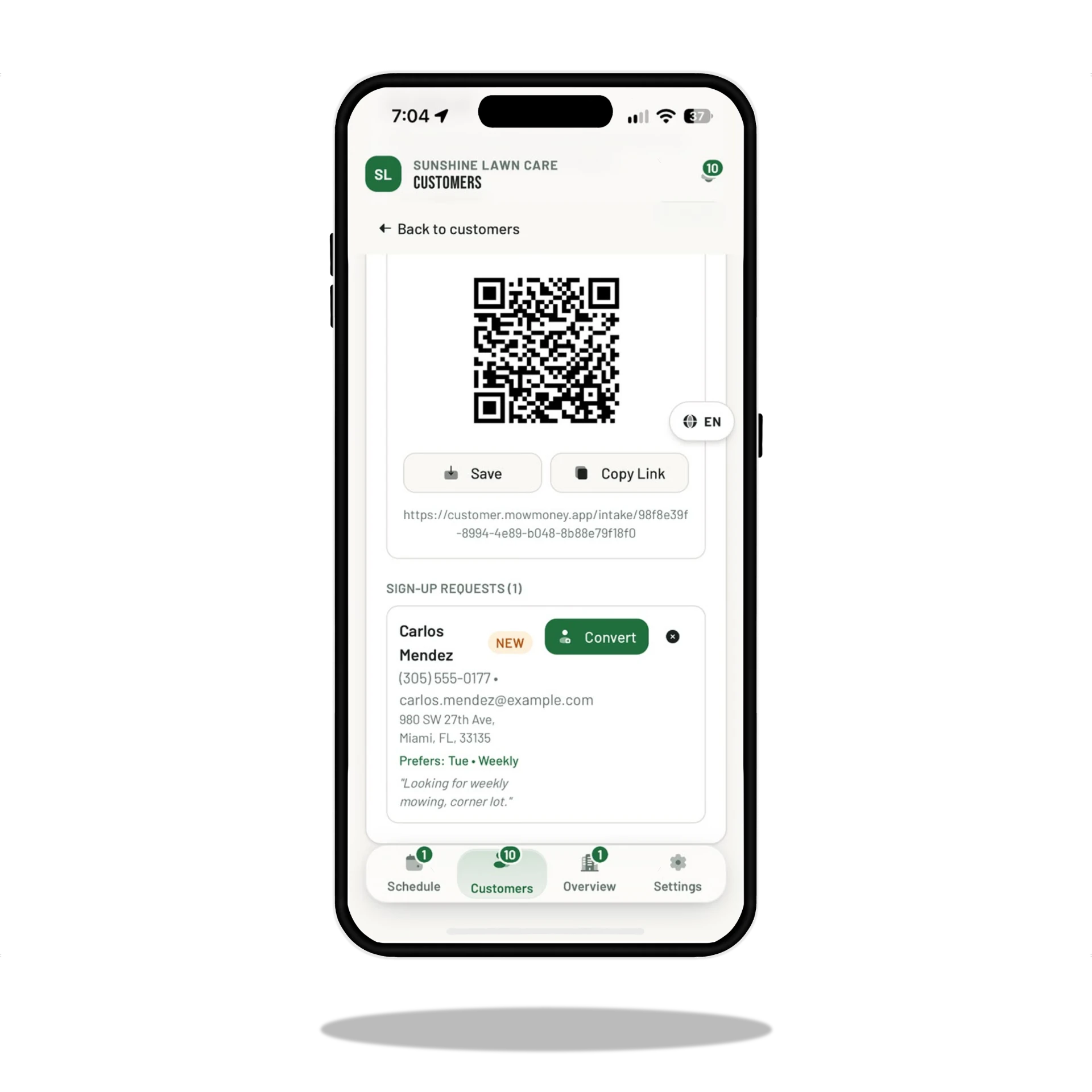 MOW Money customer signup QR code and a new signup request