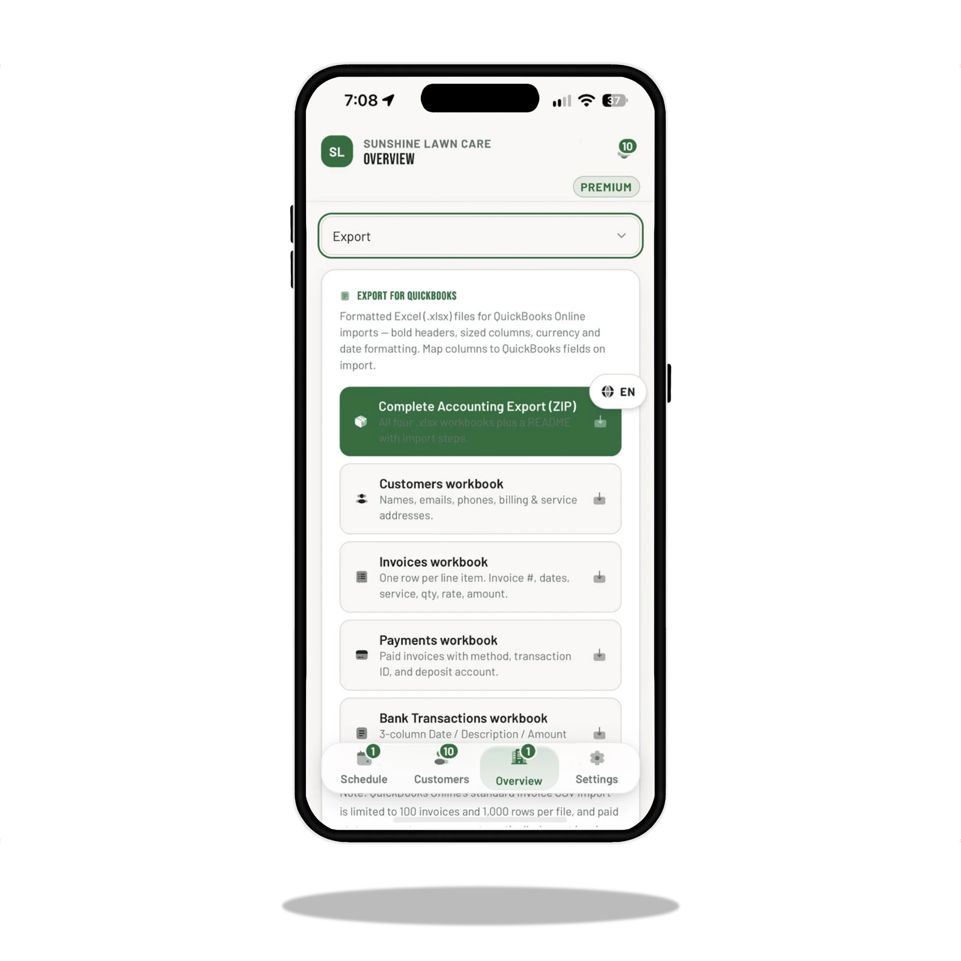 QuickBooks export screen with a ZIP download and four workbooks