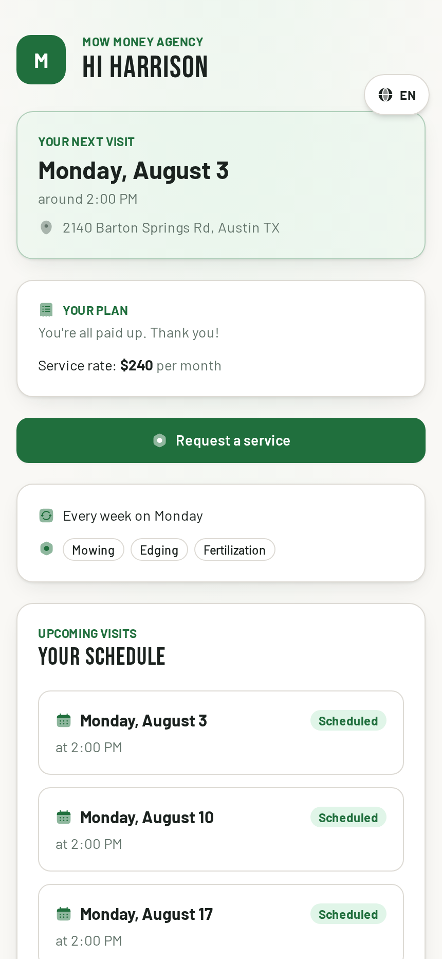 Customer portal showing next visit Monday August 3 at 2:00 PM and a $240 monthly plan