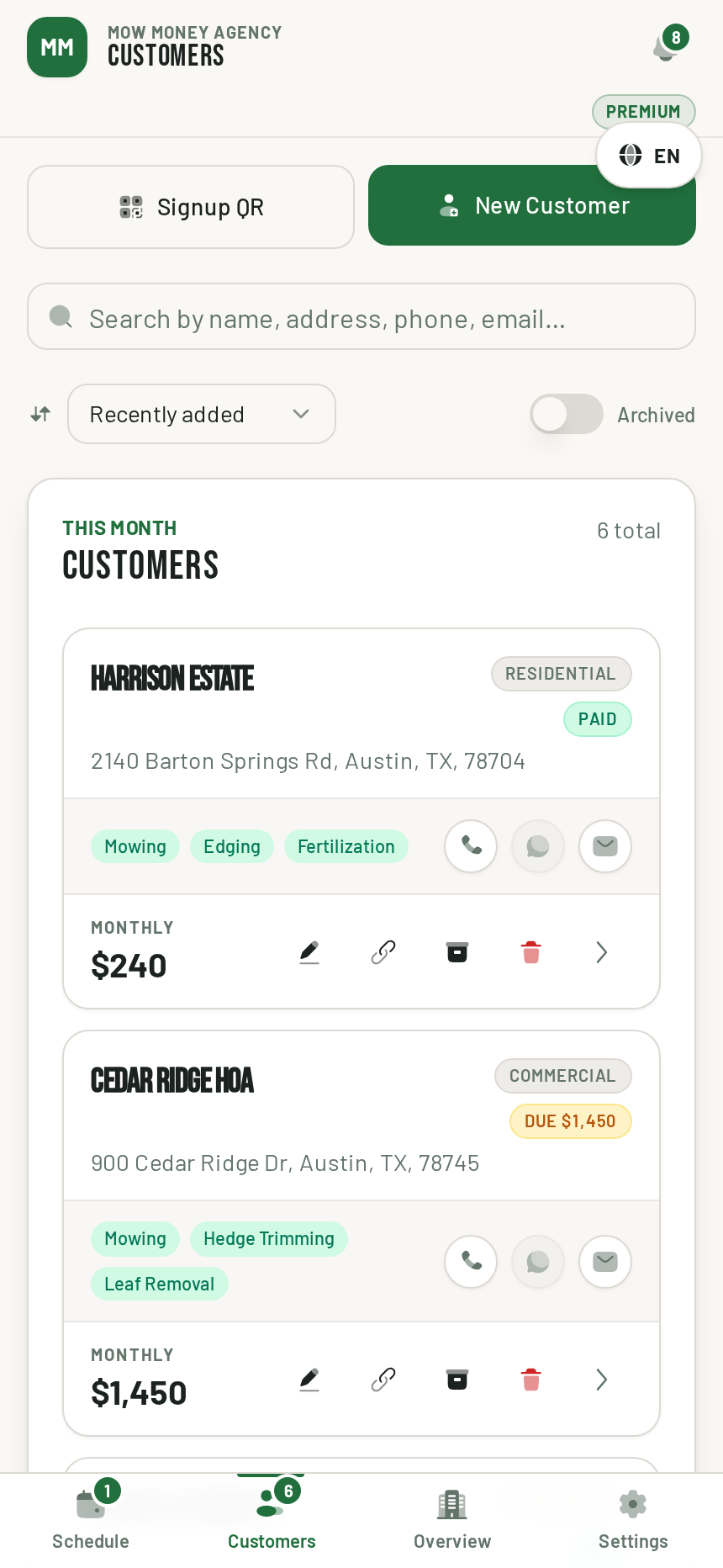 MOW Money customer list with signup QR, residential and commercial tags and paid or due badges
