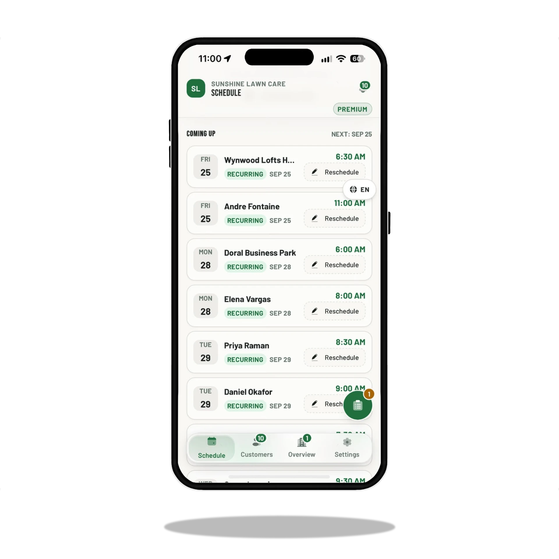 MOW Money schedule screen listing recurring upcoming visits