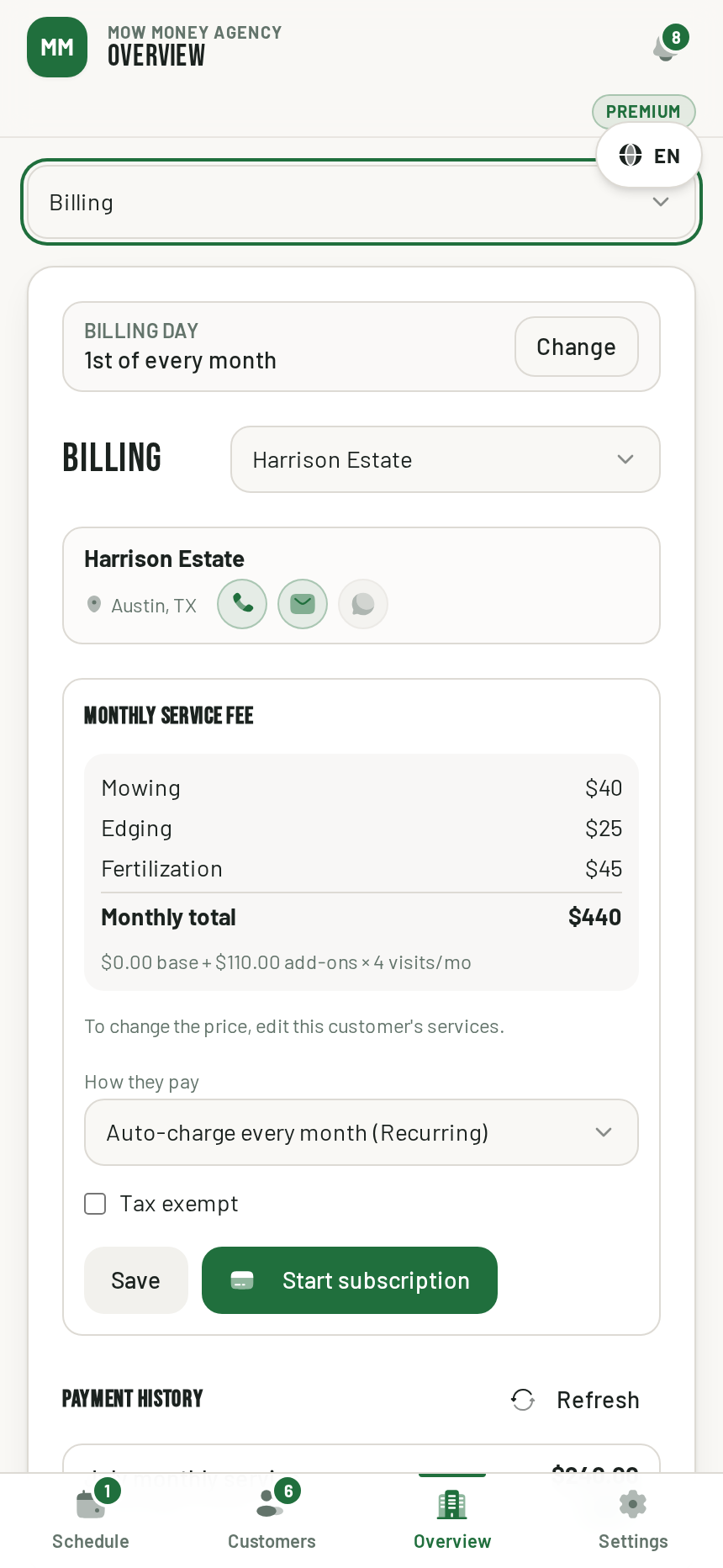 MOW Money billing screen showing a 1st of the month billing day and an itemized $440 monthly fee
